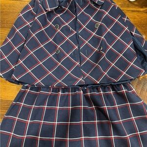 Navy Plaid Girls' Dress with Button-Front Cape